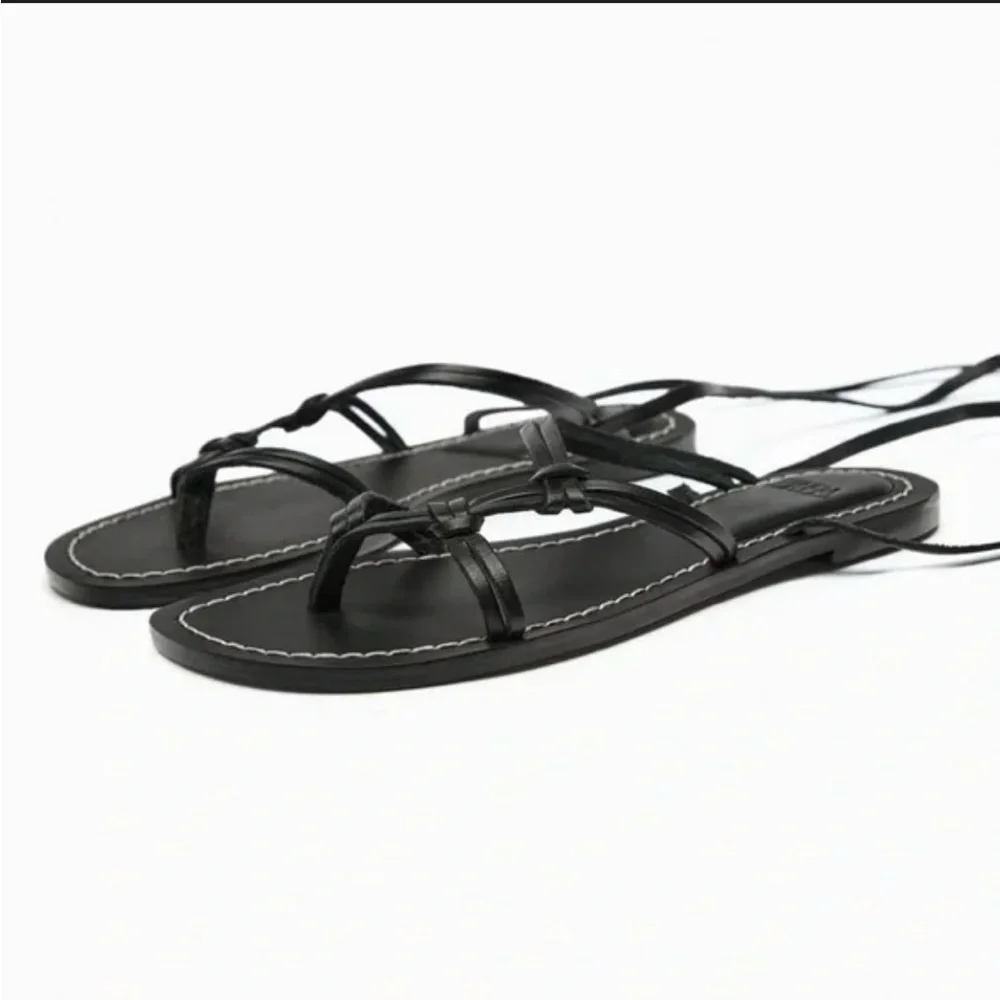 Zara Lace-Up Strappy Flat Sandals - Black - Picture 2 of 5